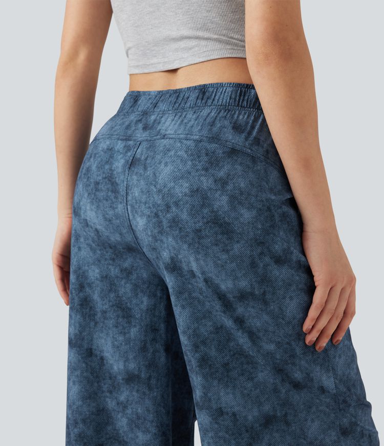 Adjustable Mid Rise Denim Print Camping Straight Leg Pants with Pockets