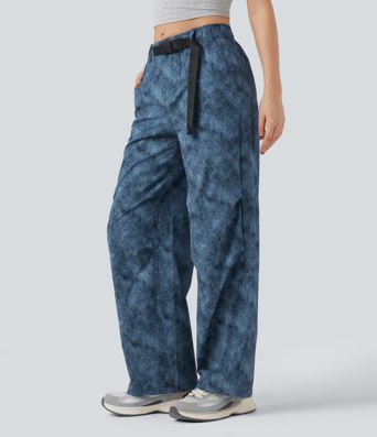 Adjustable Mid Rise Denim Print Camping Straight Leg Pants with Pockets