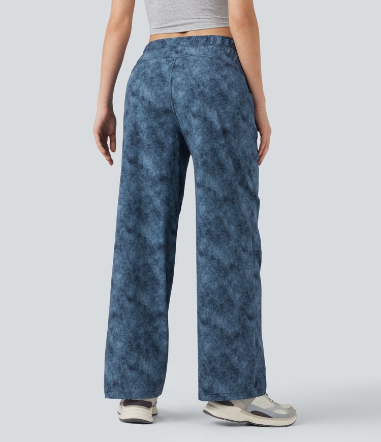 Adjustable Mid Rise Denim Print Camping Straight Leg Pants with Pockets