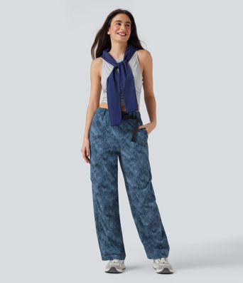Adjustable Mid Rise Denim Print Camping Straight Leg Pants with Pockets