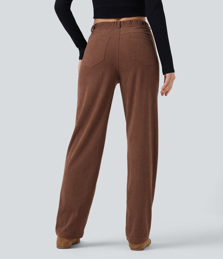 High Waisted Tummy Control Corduroy Straight Leg Casual Pants with Pockets