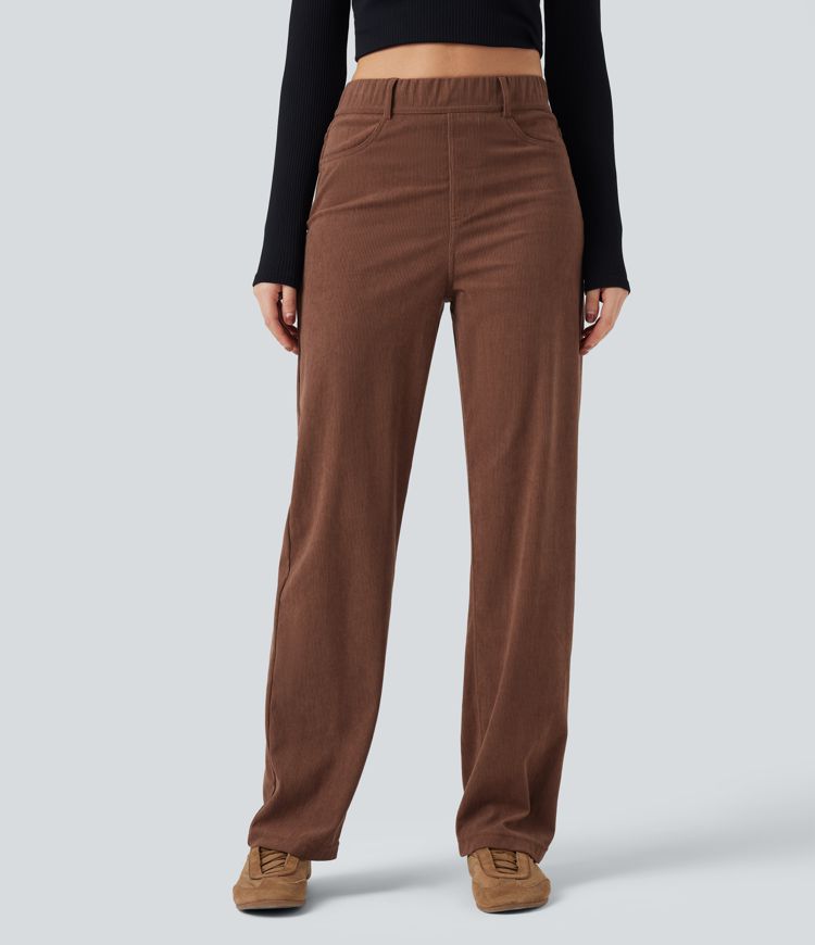 Demitasse Pantalon décontracté droit en velours côtelé, taille haute, gainant, avec poches / 1