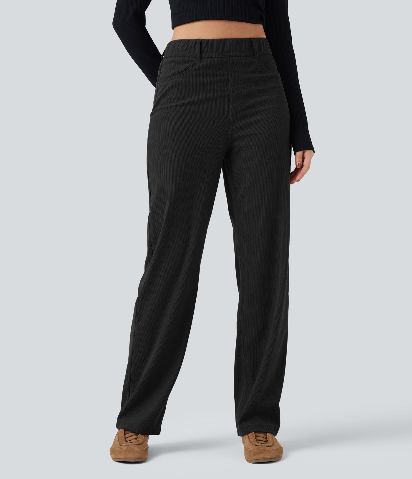 High Waisted Tummy Control Corduroy Straight Leg Casual Trousers with Pockets