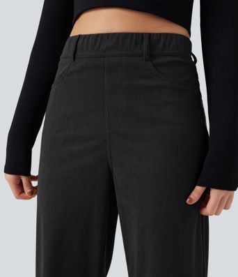High Waisted Tummy Control Corduroy Straight Leg Casual Trousers with Pockets