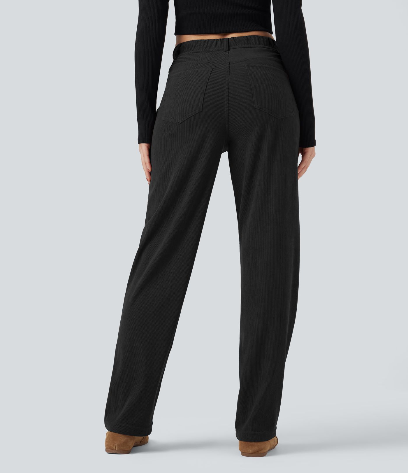 High Waisted Tummy Control Corduroy Straight Leg Casual Trousers with Pockets