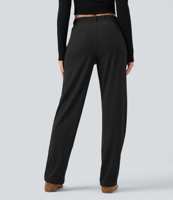 High Waisted Tummy Control Corduroy Straight Leg Casual Trousers with Pockets