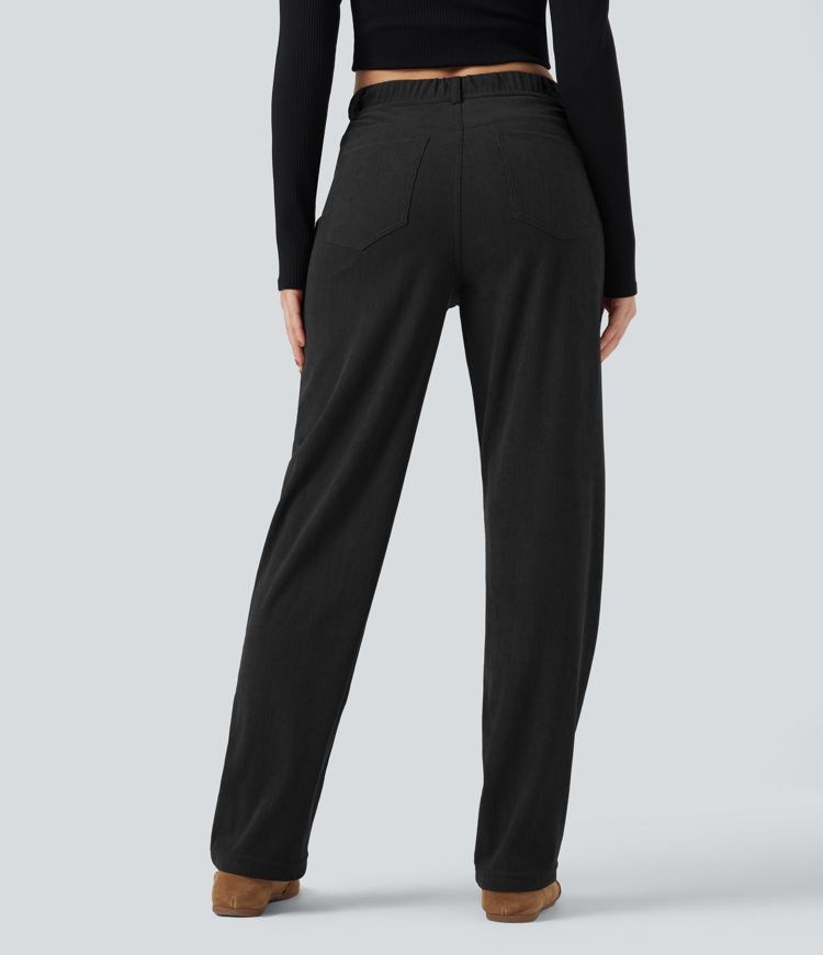 High Waisted Tummy Control Corduroy Straight Leg Casual Trousers with Pockets