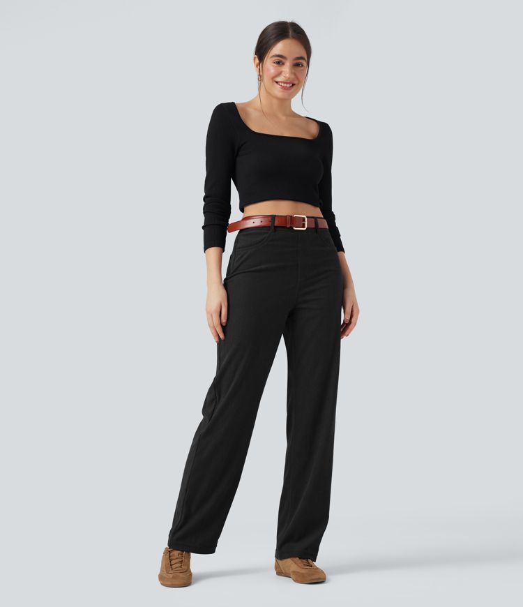 High Waisted Tummy Control Corduroy Straight Leg Casual Trousers with Pockets