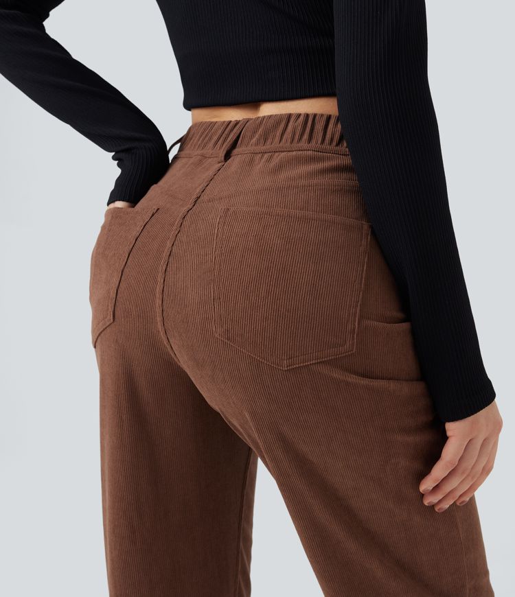 High Waisted Tummy Control Corduroy Straight Leg Casual Pants with Pockets