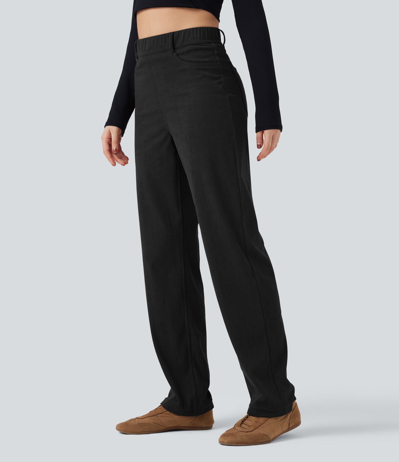 High Waisted Tummy Control Corduroy Straight Leg Casual Trousers with Pockets