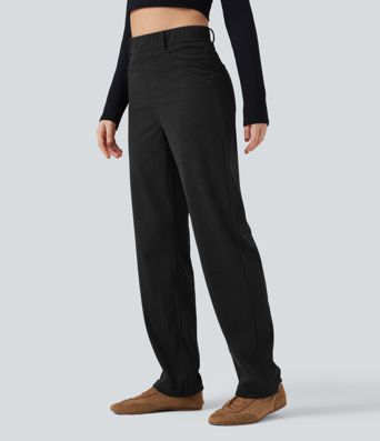 High Waisted Tummy Control Corduroy Straight Leg Casual Trousers with Pockets