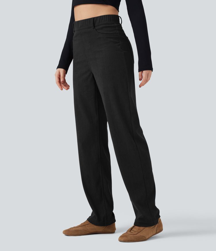 High Waisted Tummy Control Corduroy Straight Leg Casual Trousers with Pockets