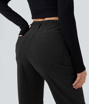 High Waisted Tummy Control Corduroy Straight Leg Casual Trousers with Pockets