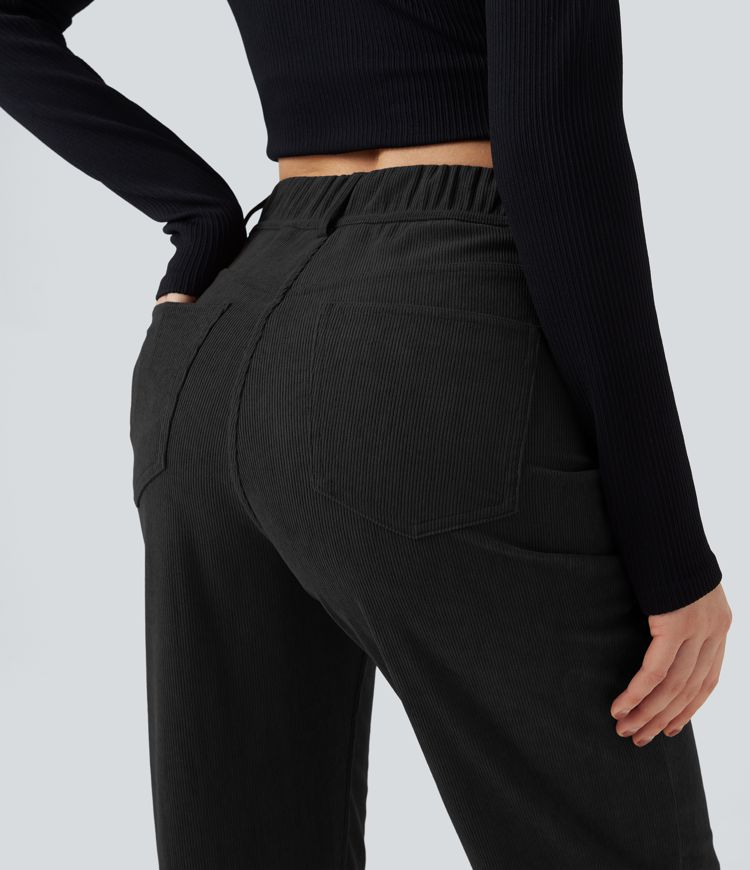 High Waisted Tummy Control Corduroy Straight Leg Casual Trousers with Pockets