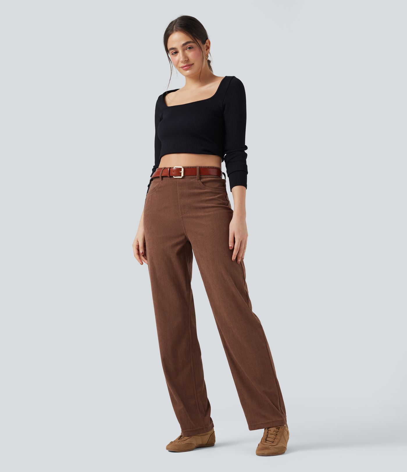 High Waisted Tummy Control Corduroy Straight Leg Casual Pants with Pockets