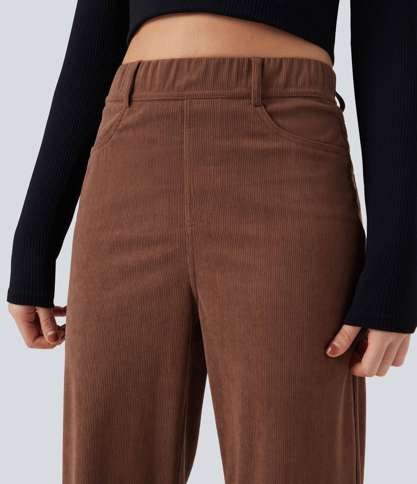 High Waisted Tummy Control Corduroy Straight Leg Casual Pants with Pockets