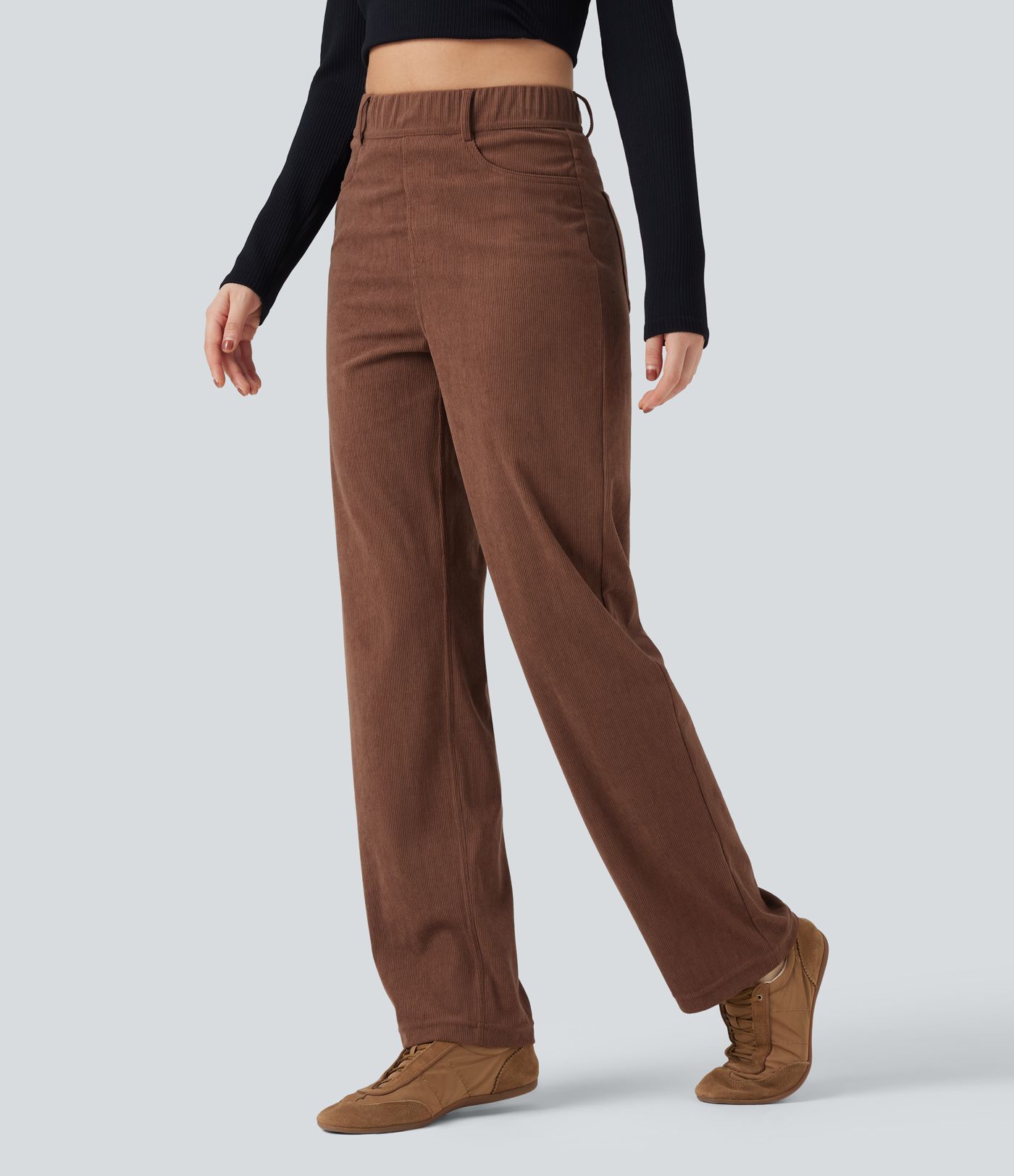 High Waisted Tummy Control Corduroy Straight Leg Casual Pants with Pockets