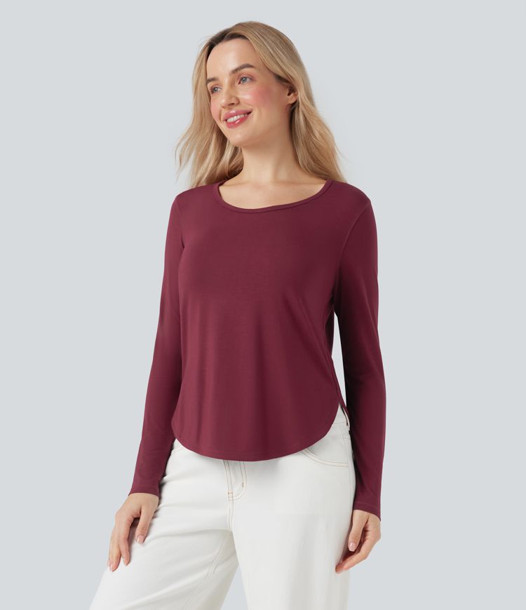 Scoop Neck Long Sleeve Curved Hem Casual T-Shirt