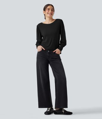 Hversdagslegur toppur með hringháls og púffermum