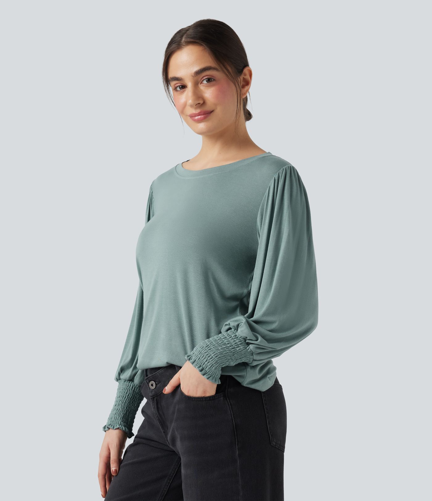 Round Neck Puff Sleeve Casual Top