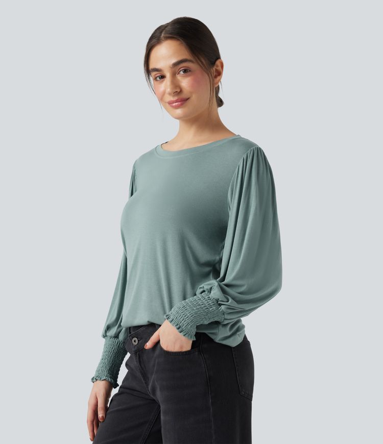 Round Neck Puff Sleeve Casual Top