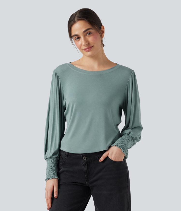 Round Neck Puff Sleeve Casual Top