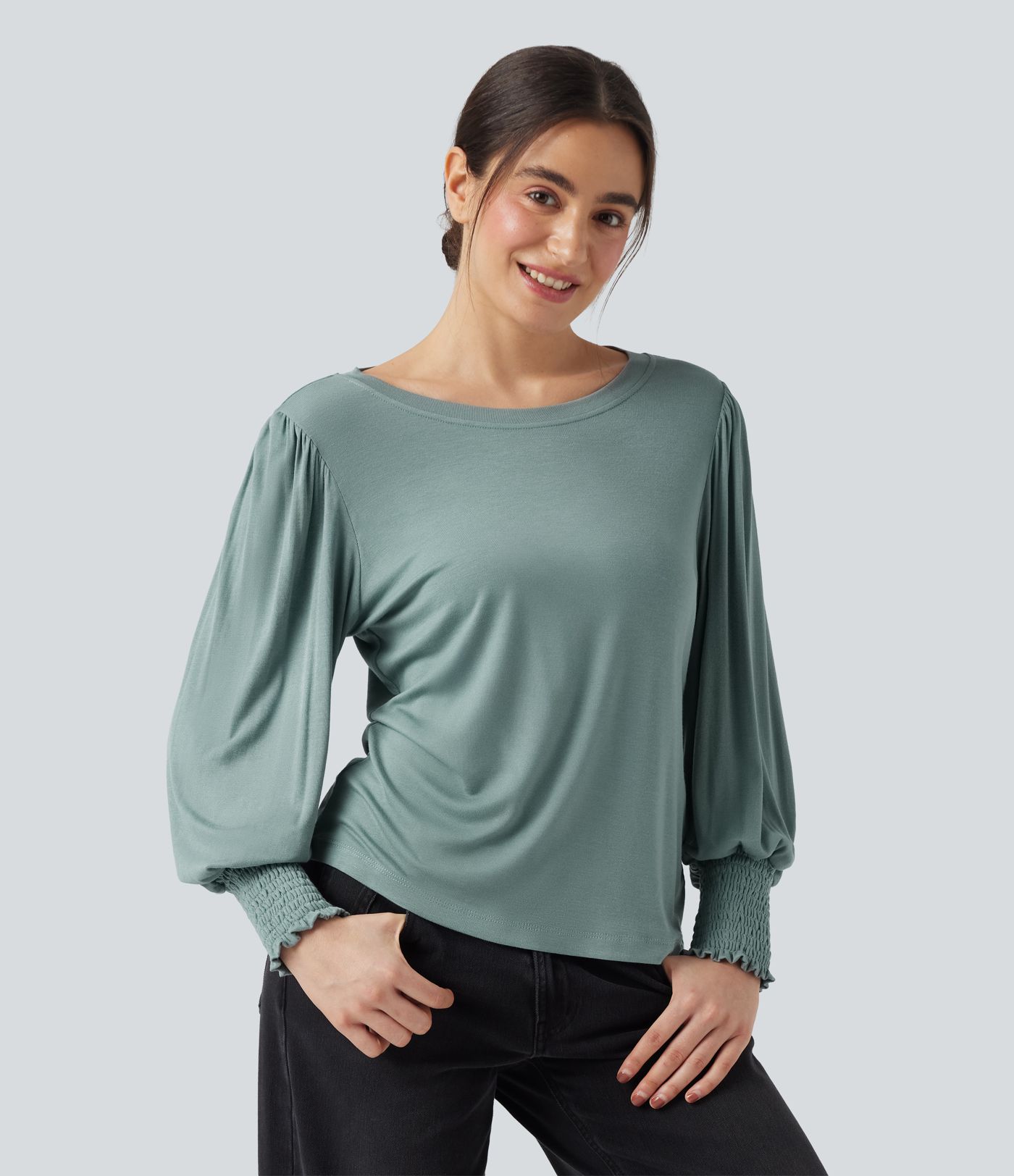 Round Neck Puff Sleeve Casual Top