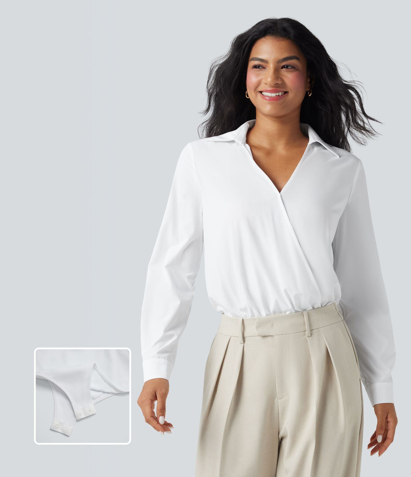 Breezeful™ Schnelltrocknender Arbeitshemd-Bodysuit mit V-Ausschnitt und langen Ärmeln