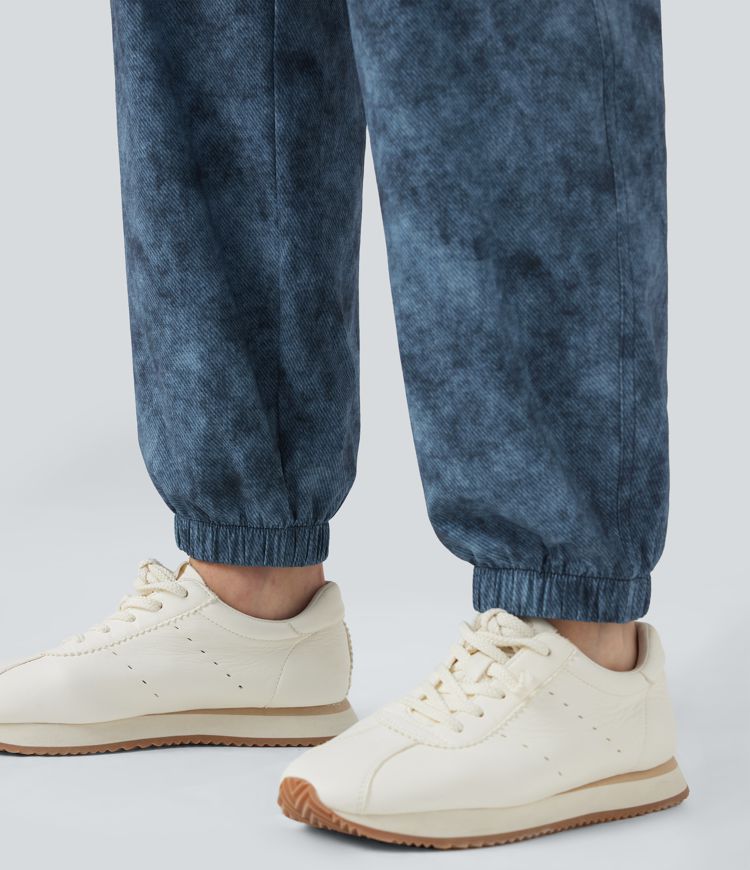 Mid Rise Denim Print Camping Cargo Joggers with Pockets