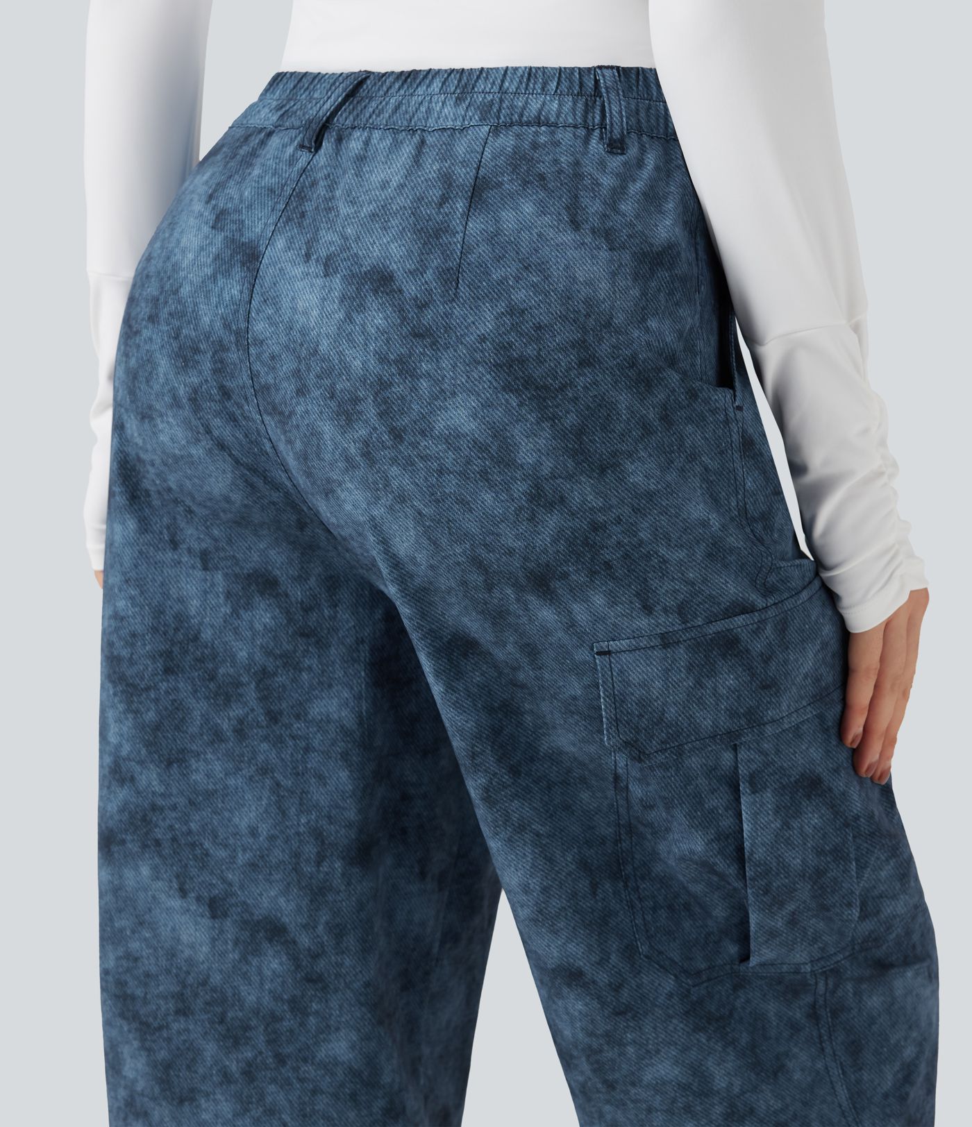 Mid Rise Denim Print Camping Cargo Joggers with Pockets