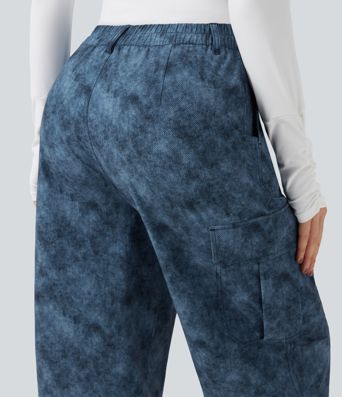 Mid Rise Denim Print Camping Cargo Joggers with Pockets