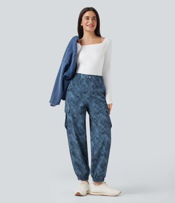 Mid Rise Denim Print Camping Cargo Joggers with Pockets