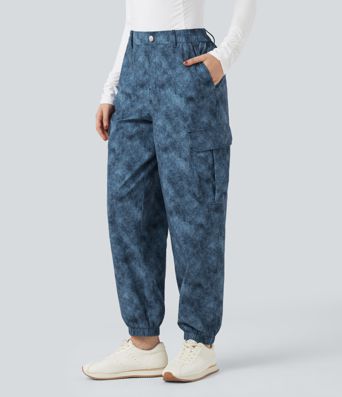 Mid Rise Denim Print Camping Cargo Joggers with Pockets