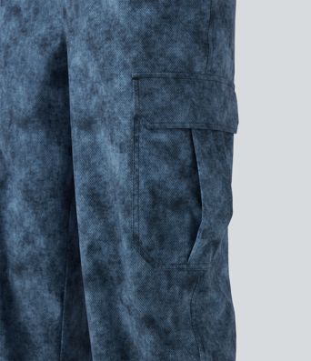 Mid Rise Denim Print Camping Cargo Joggers with Pockets