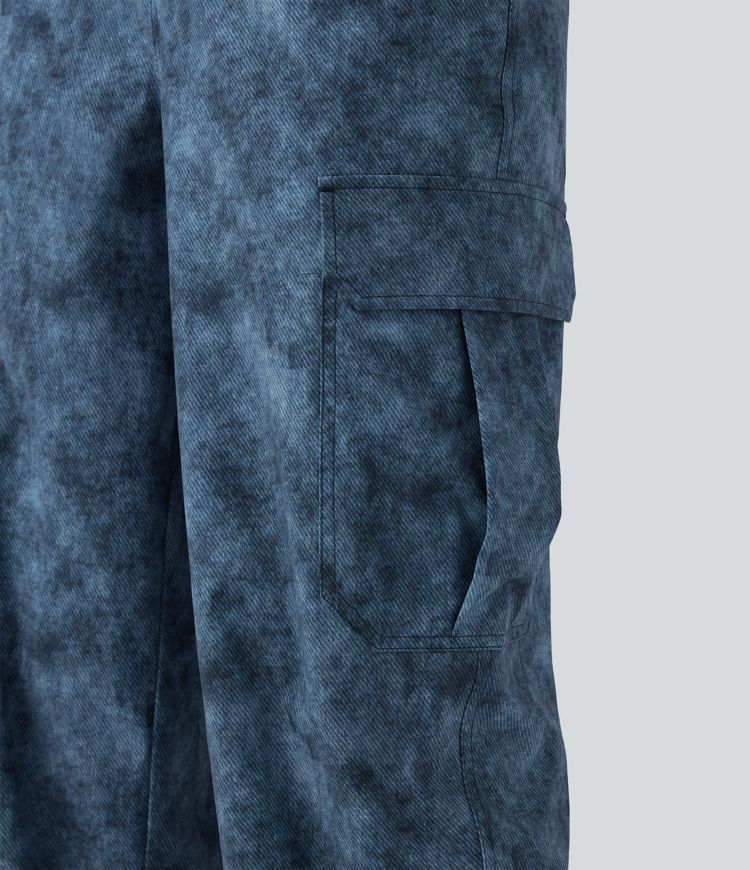 Mid Rise Denim Print Camping Cargo Joggers with Pockets