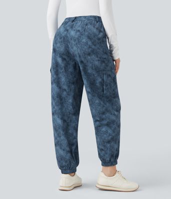 Mid Rise Denim Print Camping Cargo Joggers with Pockets