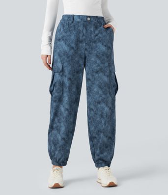 Mid Rise Denim Print Camping Cargo Joggers with Pockets