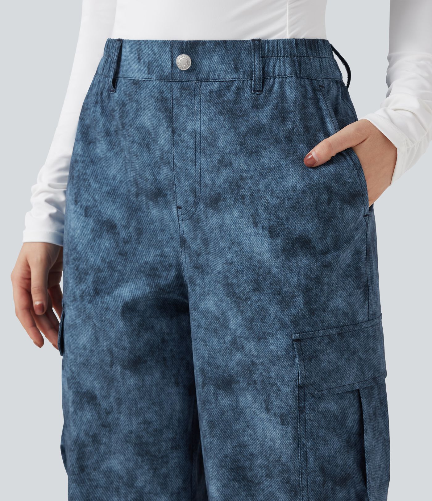 Mid Rise Denim Print Camping Cargo Joggers with Pockets