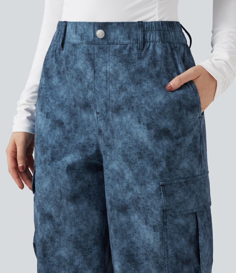 Mid Rise Denim Print Camping Cargo Joggers with Pockets