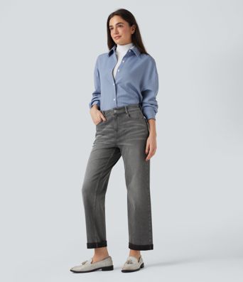 Halara Flex™ Jeans mit mittelhohem Bund, geradem Bein und Taschen