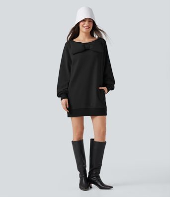 Bow Boat Neck Long Sleeve Casual Cotton Sweatshirt with Pockets