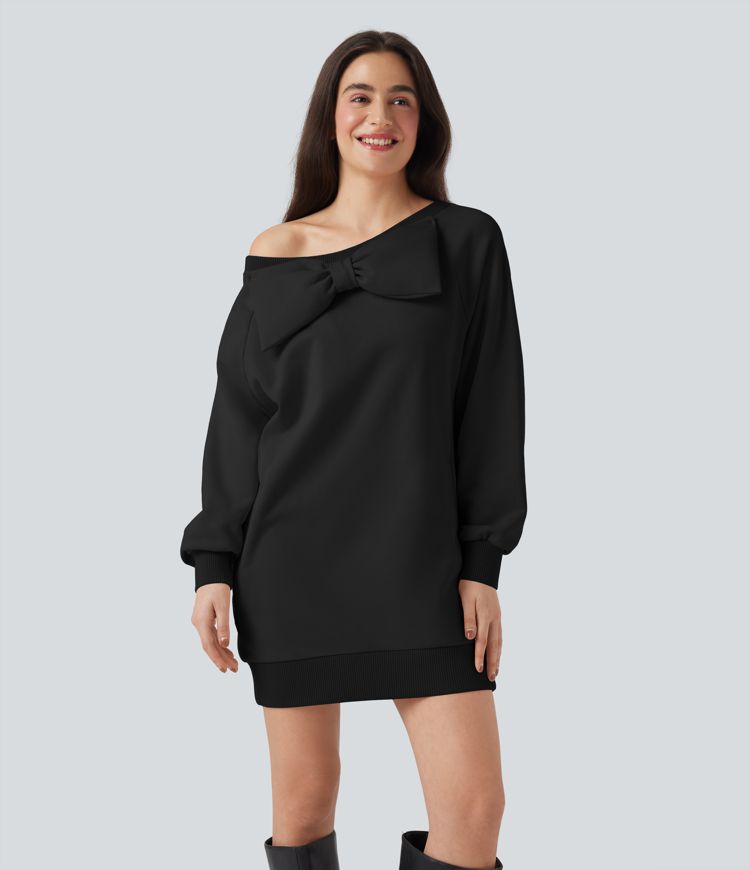 Bow Boat Neck Long Sleeve Casual Cotton Sweatshirt with Pockets