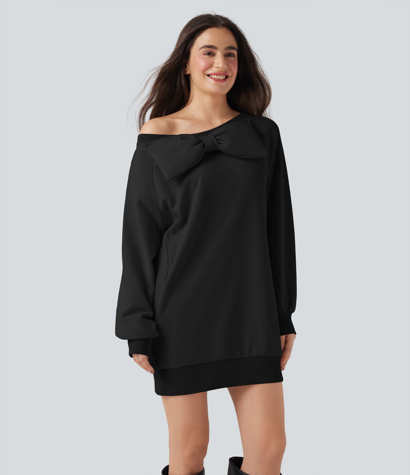 Bow Boat Neck Long Sleeve Casual Cotton Sweatshirt with Pockets