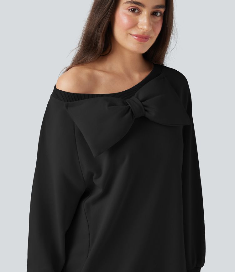 Bow Boat Neck Long Sleeve Casual Cotton Sweatshirt with Pockets