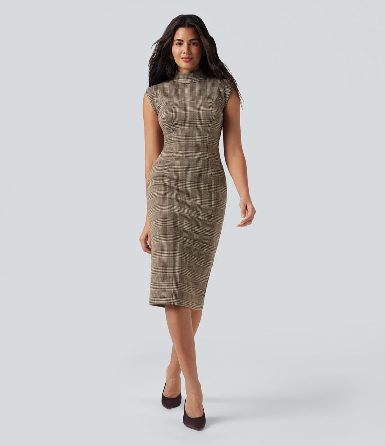 High Neck Sleeveless Bodycon Houndstooth Plaid Midi Work Dress