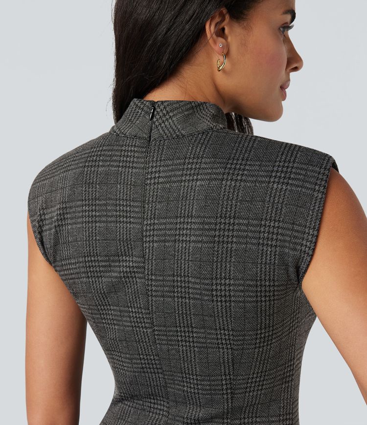 Robe de travail midi moulante sans manches col montant pied-de-poule à carreaux