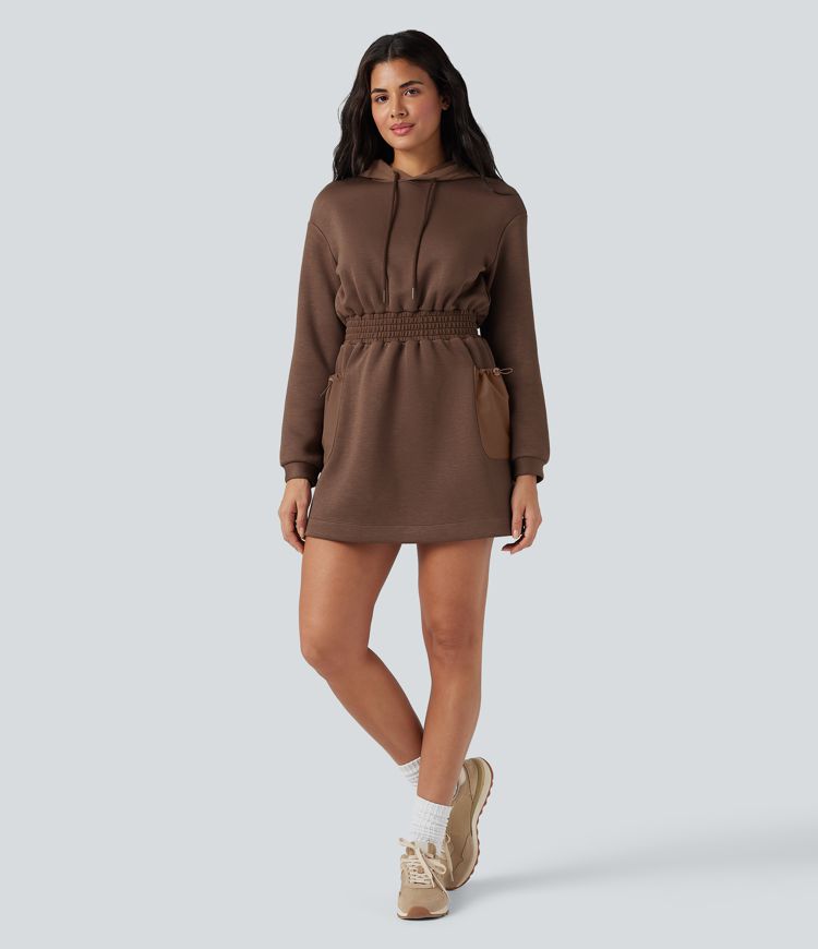 SpacerTek™ Velvet Hooded Drawstring Long Sleeve Mini Hiking Active Dress with Pockets