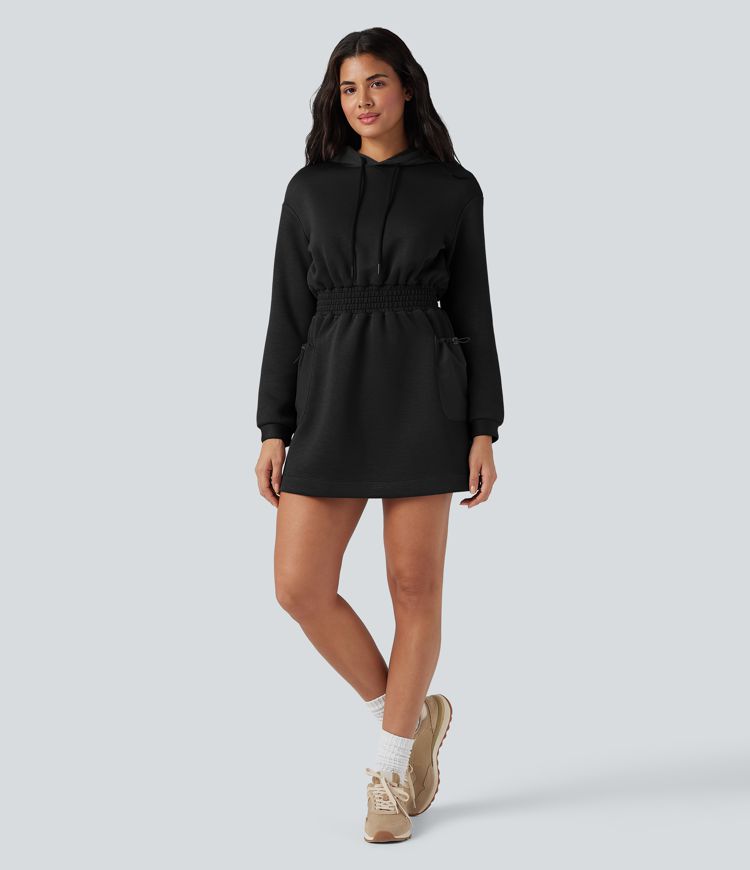 SpacerTek™ Hooded Drawstring Long Sleeve Mini Hiking Active Dress with Pockets