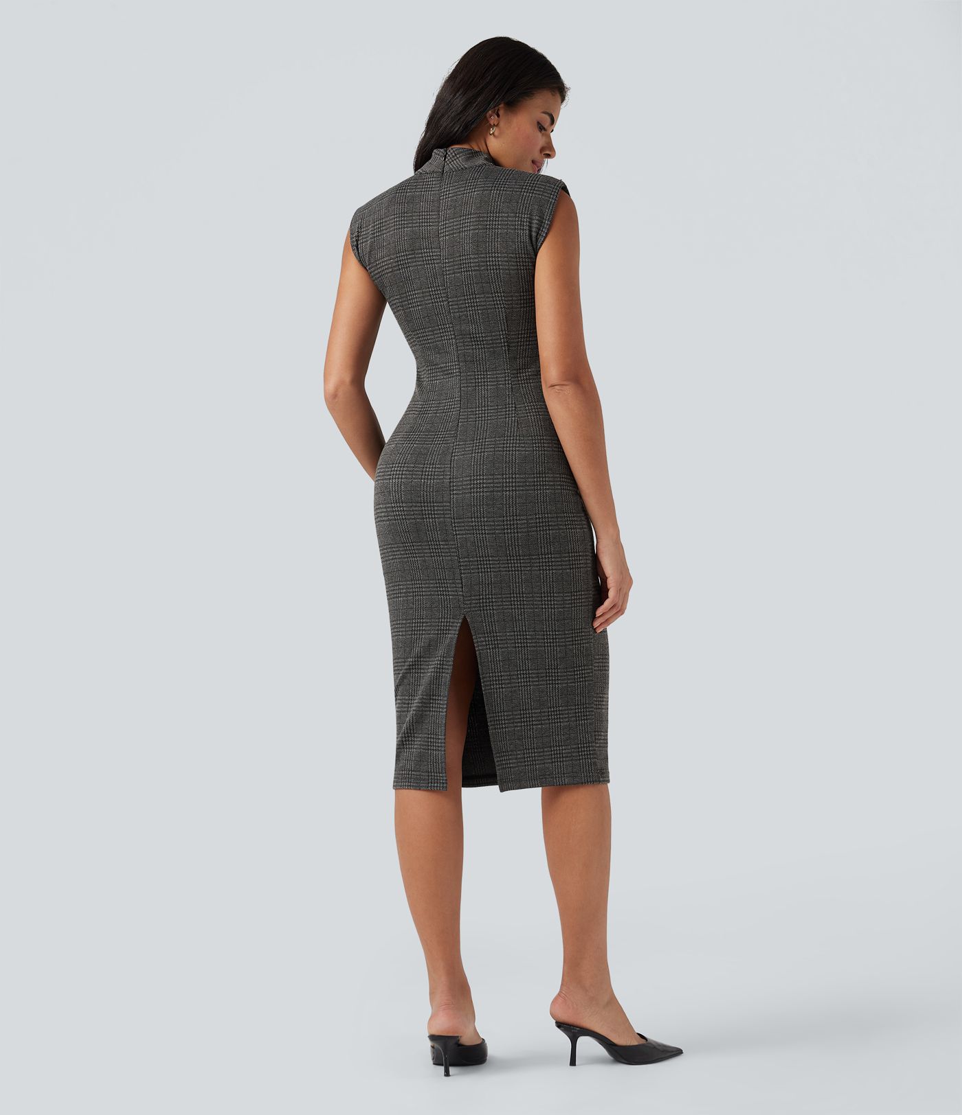 High Neck Sleeveless Bodycon Houndstooth Plaid Midi Work Dress