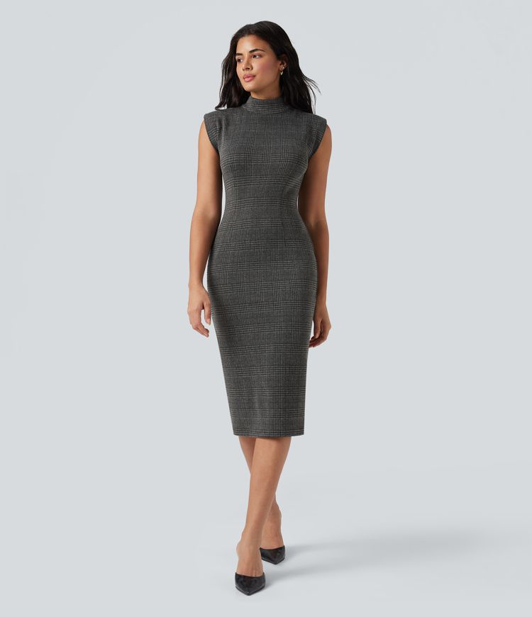 High Neck Sleeveless Bodycon Houndstooth Plaid Midi Work Dress